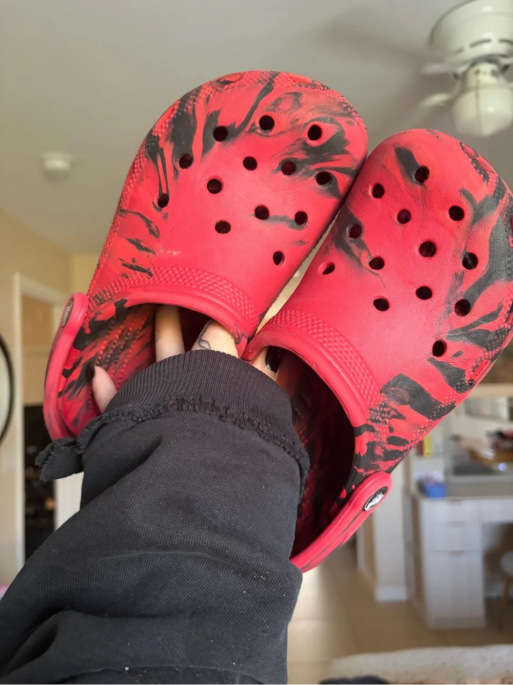 CROCS Kids Red and Black Marble Clogs with Heel Strap